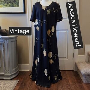 Jessica Howard Vintage Womens Sz 20 Short Sleeve Maxi Dress Navy Floral